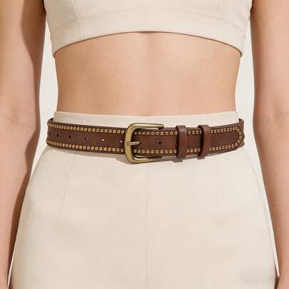 1pc Vintage Street Style Rivet Brown Leather Belt, Fashion Minimalist Decorative Skinny Waist Belt, Versatile For High Waist Pants & Skirts