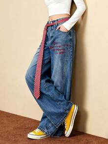 1pc Red Tie/Belt, JK Uniform Tie For Women, School Style Waist Belt, Perfect Accessory For Sailor Uniform. Featuring A Slim Striped Design, Suitable For Casual Wear, Weekend Outings, Dates, Campus Trips, Street Photography, And More. A Fashionable And Versatile Accessory, Also An Ideal Choice For Christmas Decoration. - Multicolor - View 2