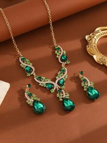 3件套女士合金水钻玻璃首饰套装，包括1对耳环和1条项链，适合婚礼、派对和作为礼物。 - 綠色 - 查看 2