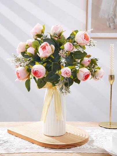 1pc Multi-Head Peony Artificial Flower Bouquet, Realistic Petal Design Fake Floral Art, Durable Plastic Simulated Flower Bouquet, Suitable For Living Room, Bedroom, Dining Room, Office Desktop Floral Decor, Holiday Scene Atmosphere Arrangement, Vase Artificial Flower Bouquet Decor