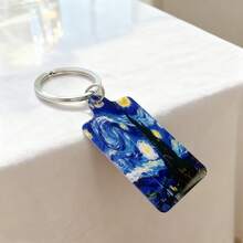 1pc Metal Double-Sided UV Printed Van Gogh Starry Night Oil Painting Keychain, Unisex Fashion Accessory Bag Charm, Suitable As Gift - Multicolor - View 10