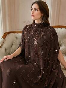 优雅珍珠刺绣蝙蝠袖长款立领罩袍 - 咖啡棕 - 查看 6