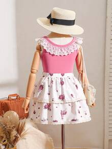 2pcs/Set Young Girl' Cute Floral Ruffle Trim Camisole Top And Skirt Sweet Summer Outfit - Pink - View 2