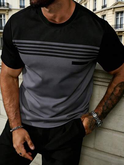 Men's Summer T-Shirt | Black & Grey Stripe Patchwork | Breathable & Comfortable, Suitable For Running, Workout And Casual Wear