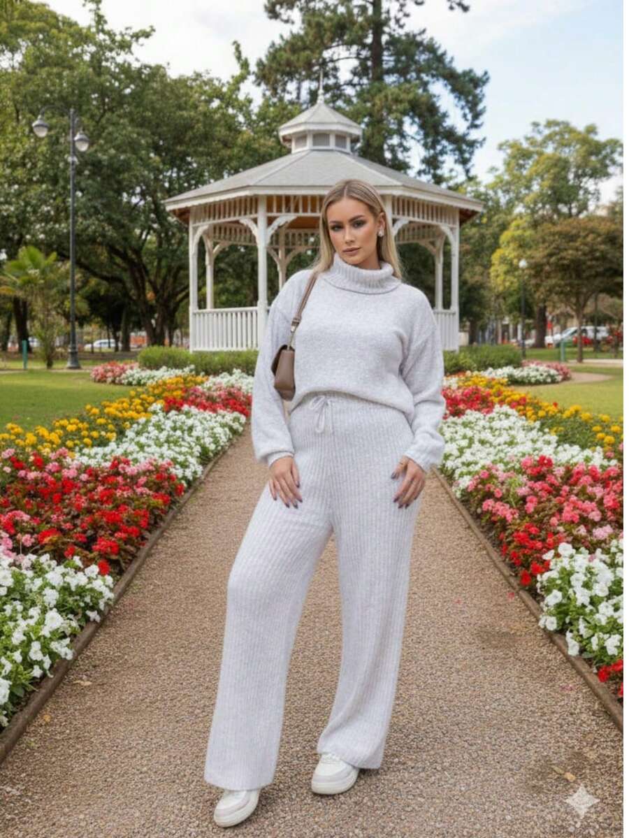 Set Of Pants And High Neck Cacharrel Mousse Knitting Tricot Blouse - White - View 1