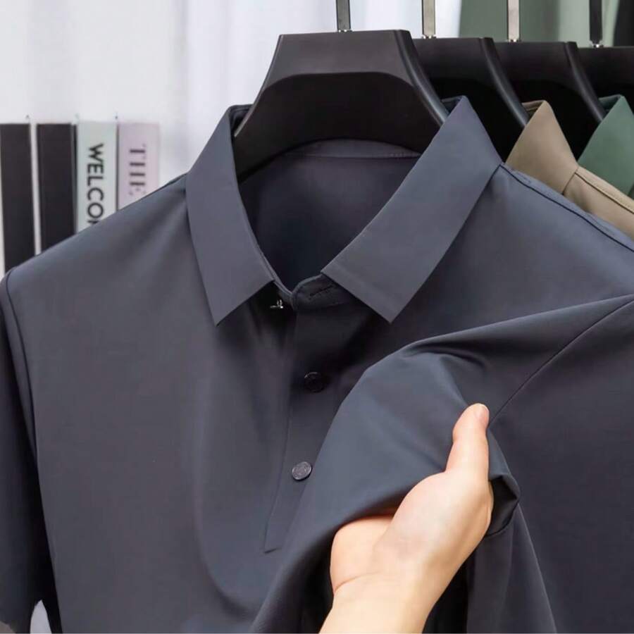 Men's Solid Color Polo Shirt In Cool Silk, Business Casual Style And Breathable. - Navy Blue - View 1