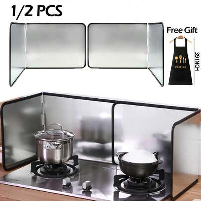 1/2 PCS Splatter Guard, Foldable Stainless Steel Oil Splatter Screens For Frying, Oil Splash Insulation Board, Comes With Apron, Smooth Surface, Durable Structure, Suitable For Modern Kitchens, Cooking Protection