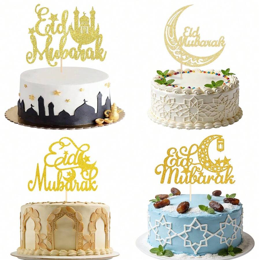 Gold Glitter Eid Mubarak Cake Topper Set | Moon Mosque Star Design Cake Decorations For Ramadan Islamic Festival Eid Al-Fitr Eid Al-Adha Muslim Party Supplies - Gold - View 1