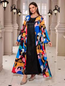 Bohemian Style Printed Open Front Abaya With Headscarf, Middle Eastern Muslim New Style, Casual For Daily Wear And Holiday - Multicolor - View 3