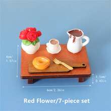 7pcs/Pack Miniature Dollhouse Creative Tray Set, Realistic Coffee, Bread Tray, Potted Plant Model DIY Props - Multicolor - View 9