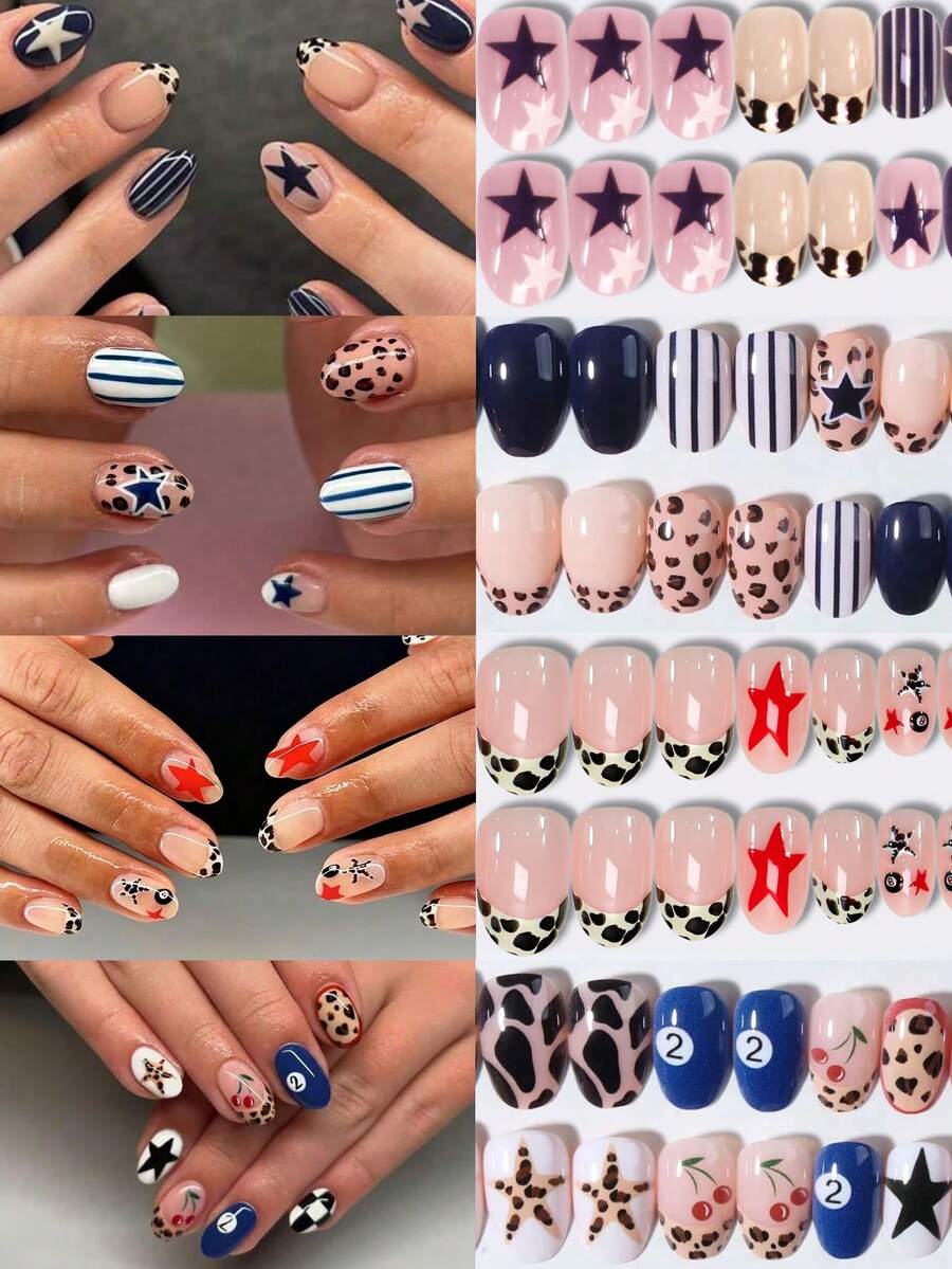 96pcs (4 Assorted Designs) Oval Acrylic Nail Tips, Leopard Print, Stripes, Cherry, And Star Patterns, French Manicure, Perfect Fit, Set Includes: 1 Gel Polish And 1 Nail File. Star And 8-Ball Short Nails Make Your Fingertips Shine Beautifully, Suitable For Parties, Dancing, And Everyday Use. Nail Supplies - Multicolor - View 1