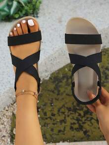 女士优雅舒适条纹人字拖凉鞋，平底沙滩度假鞋，大码，黑色 - 黑色 - 查看 2