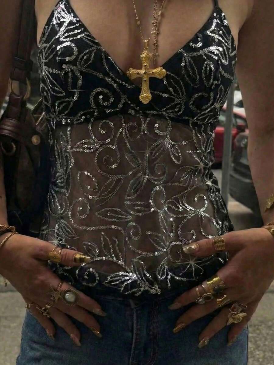 1pc Women's Y2K Sequin Mesh Spaghetti Strap V-Neck Camisole Top, Fashionable Transparent Streetwear, Stylish For Party, Beach, Date Night, Daily Wear - Black - View 1