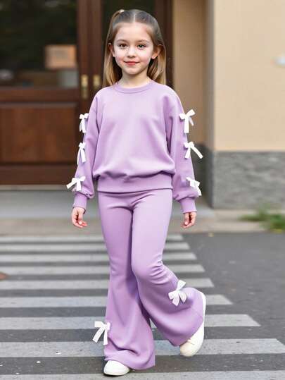 2pcs Girls Casual Sweatshirt And Flare Pants Set, Bow Decor Long Sleeve Crew Neck Top And Elegant Flared Trousers, Comfortable And Fashionable For Spring/Autumn