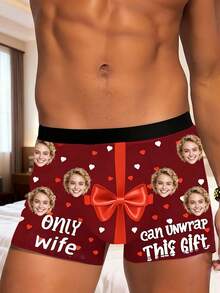 1pc Men's Customized Face & Personalized Text Print Burgundy Comfortable Briefs, Romantic Style Boxer Briefs, Valentine's Day Gift - Multicolor - View 5