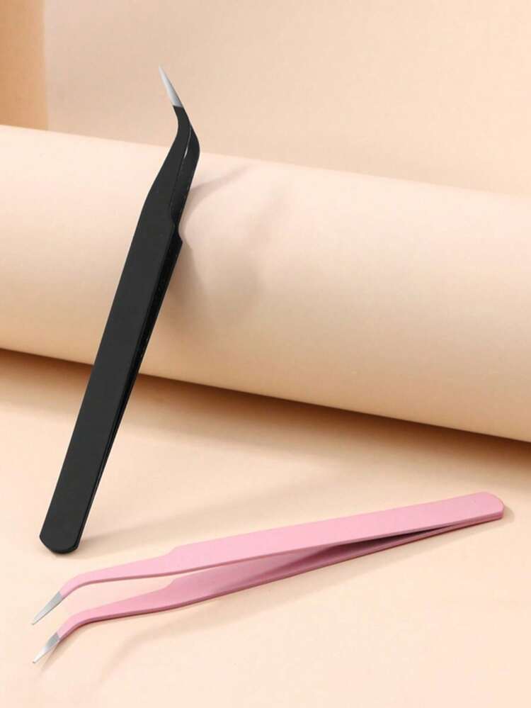 1 Set Stainless Steel Bent Tip Tweezers, Anti-Static Tweezers In Black & Pink, Suitable For Manicure, Handicraft, Repair, Eyelash Extension - Includes Eyelash Tweezer Holder & Display Stand - Multicolor - View 6