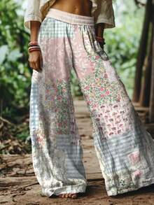 Women's Floral Patchwork Palazzo Pants: High Waisted Boho Cotton Blend Trousers With Rose & Gingham Print For Garden Parties, Spring Vacations & Summer Street Style. - 混合色1 - 查看 1