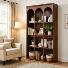 LITTLE TREE 70.9" Tall Arched Bookcase, 5-Tier Freestanding Wooden Bookshelf, Mid-Century Modern Farmhouse Open Library Book Shelving Unit For Living Room, Home Office, Walnut Brown - 棕色 - 查看 2