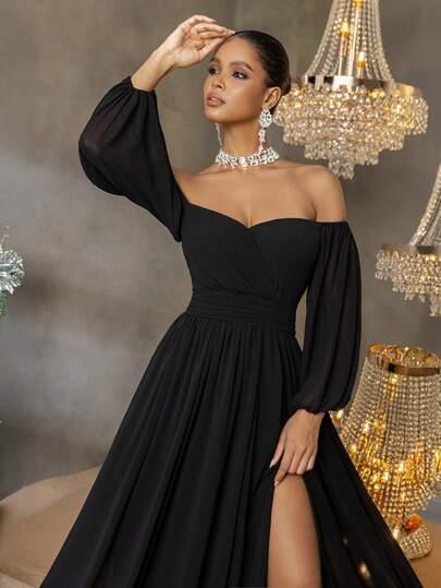 Faeriesty 优雅黑色露肩连衣裙，灯笼袖设计，高开衩雪纺飘逸裙摆，适合派对、度假、正式晚宴、毕业舞会等场合。