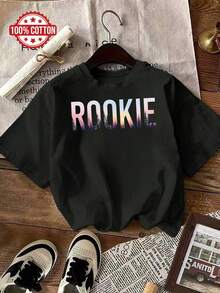 تي شيرت نسائي صيفي/خريفي، طباعة رسومية ROOKIE، رياضي كاجوال بقصة فضفاضة مقاس كبير - الأسود - مشاهدة 1