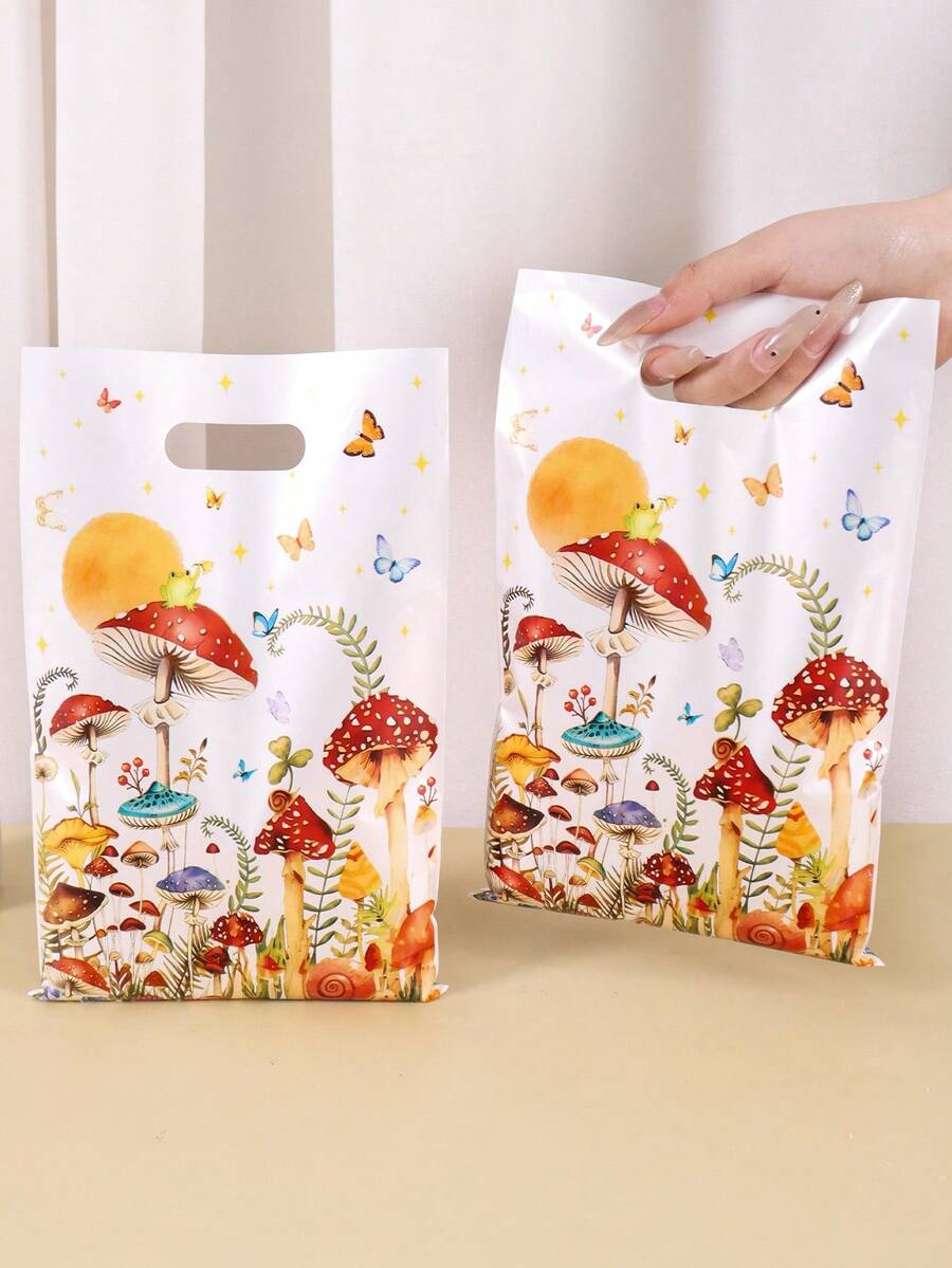 10/20/50个装蘑菇礼品袋，耐用蝴蝶图案塑料派对礼品袋，带提手，适用于婚礼、新娘送礼会、生日庆典、节日礼物、春季派对包装用品