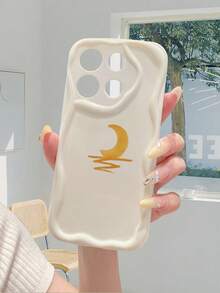 1pc Minimalist Eid Mubarak Moon Design Cream Marble Texture Thick Anti-Fall Precise Hole Lens Protection Phone Case, Suitable Compatible With Iphone, Galaxy, Redmi, OPPO, VIVO, Transsion, Fashionable And Stylish Choice