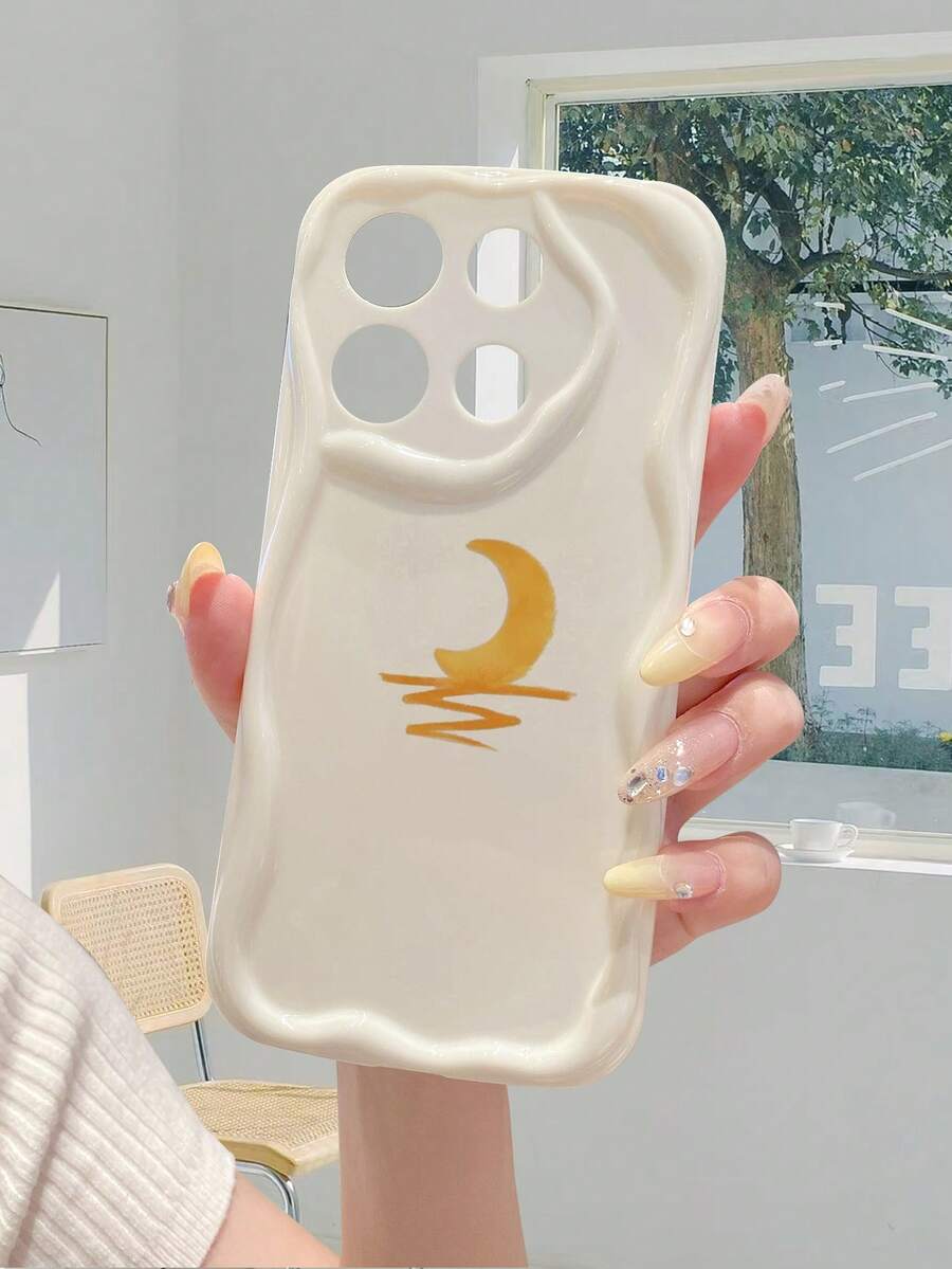 1pc Minimalist Eid Mubarak Moon Design Cream Marble Texture Thick Anti-Fall Precise Hole Lens Protection Phone Case, Suitable Compatible With Iphone, Galaxy, Redmi, OPPO, VIVO, Transsion, Fashionable And Stylish Choice