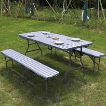 ASDF-Picnic Table Cover with Bench Covers Gray White Plaid PVC Waterproof Picnic Table Covers Oil-proof Camping Tablecloth with Flannel Bacing for Camping Party Cover - como en la foto - Ver 2
