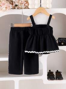 2pcs Baby Girls Elegant Black Camisole Top + Pants Set, Summer Outfit - Black - View 2