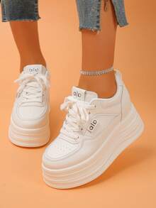 女士厚底运动鞋，纯色户外休闲系带鞋，时尚百搭白色户外增高鞋 - 白色 - 查看 6