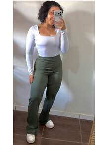 Women's Ribbed Flare Basic Comfortable Pants - Army Green - View 2