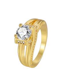 女士镀金立方氧化锆戒指，多层戒圈，现代方形底座设计，奢华新娘风格，订婚/结婚佩戴的理想之选，送给女友周年纪念日的奢华礼物 - 金色 - 查看 6