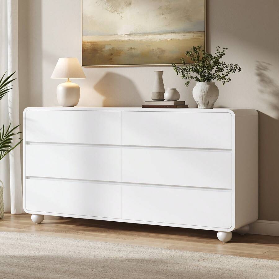 GIKPAL Dresser For Bedroom 6 Drawers, 53" Wide Wood Chests Of Drawers With Handleless & Curved Profile Design, Modern Dresser For Living Room, Entryway - 白色 - 查看 1
