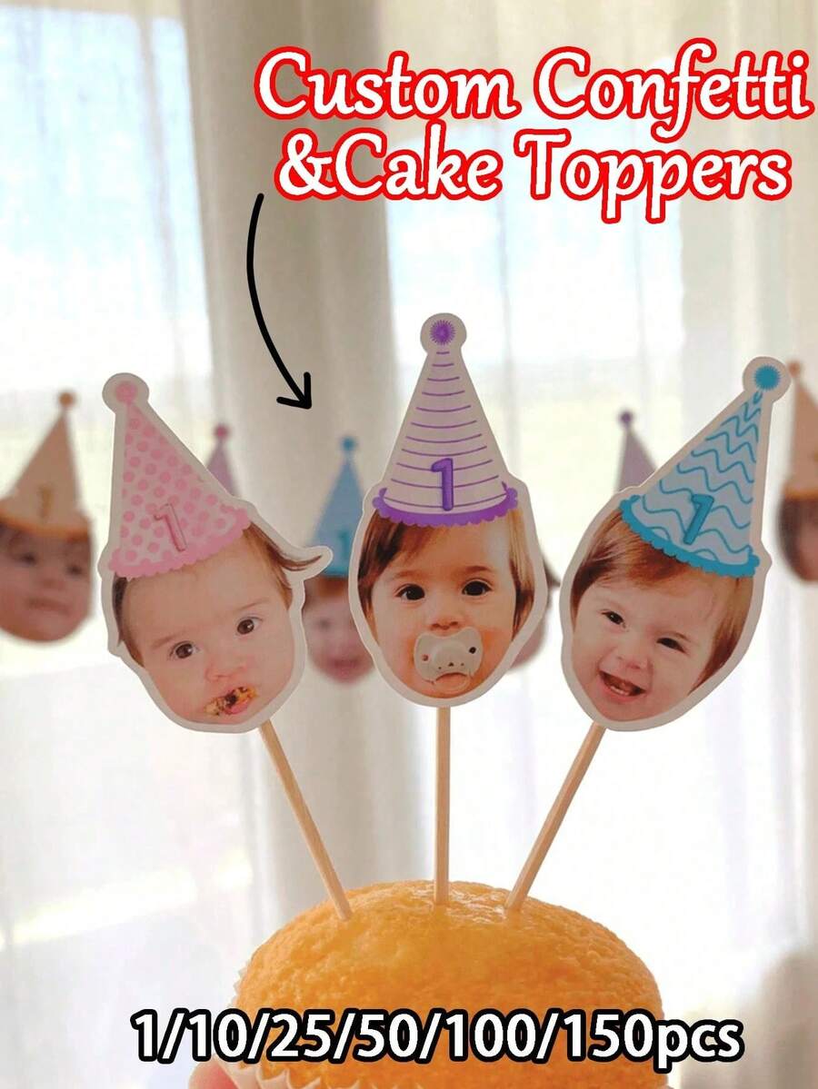 25 piezas de decoraciones personalizadas para tartas - Foto personalizada + Diseño de personaje, fácil de colocar en tartas, adecuado para fiestas de cumpleaños, baby showers, etc. - Multicolor - Ver 1