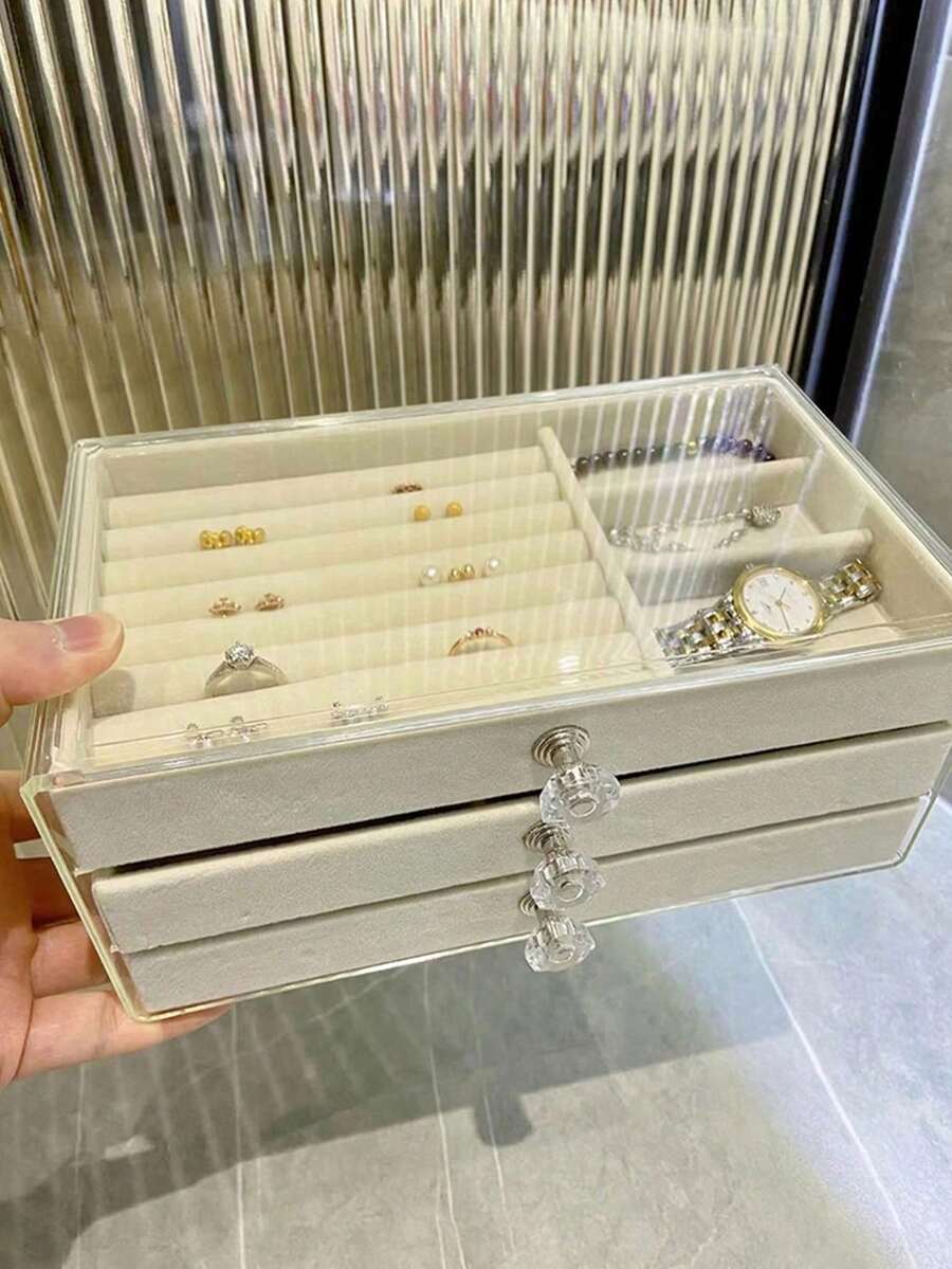 1 buah Kotak Perhiasan Beludru 7/5/3/1 Lapis, Kotak Perhiasan Model Laci, Kotak Cincin, Kotak Penyimpanan Anting, Kotak Penyimpanan Perhiasan Laci Plastik Transparan dan Beludru, Kotak Penyimpanan Cincin, Kalung, Gelang, Anting, dan Liontin yang Elegan, Rak Display Kenop Kristal yang Modis, Kotak Penyimpanan Perhiasan Mewah 3 Tingkat, Solusi Penyimpanan Sempurna untuk Perlengkapan Perjalanan Wanita, Dekorasi Ruang Rias - MultiWarna - View 1