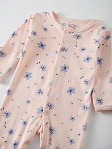 Baby Girls Indoor & Outdoor Jumpsuit, Girls' Long Sleeve Jumpsuit, Comfortable Casual Round Neck Button , Ditsy Floral, Suitable For 1-12 Months, Spring/Summer/Autumn/Winter - Baby Pink - View 6