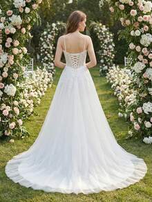 YOUKEFEIER Spaghetti Strap V-Neck Lace Embroidered Champagne Long Wedding Dress, Suitable For Outdoor, Lawn, Beach Weddings - White - View 5