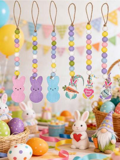 3 piezas Decoración de bandeja de cuerda colorida con cuentas de madera y borlas, estilo rústico para decoración de fiesta de Pascua, decoración del hogar para fiesta de Pascua