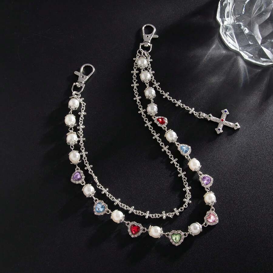 Fashion Layered Pants Wallet Chains - Exquisite Gold Silver Rhinestone Flower Pearl Jean Pocket Chain For Women Men Cute Bag Purse Charms Jewelry - Bạc - Xem 1