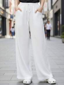 Women's Relaxed Wide Leg Cropped Pants With Pockets, Plus Size Cotton Linen Blend, Lightweight And Breathable, Loose Comfortable Fit, Multiple Color Options, Boho Inspired Style, Simple Versatile Design, Ideal For Everyday Wear, City Walks, Travel Vacations, Work Commute, Back To School Outfits, Casual Date Looks, And Valentine's Day Outfits - 白色 - 查看 2