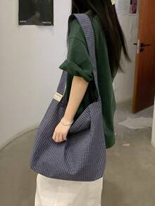 Lightweight Large Capacity Canvas Tote Bag, Fashionable Plaid Fabric, Casual College Style, Suitable For Middle/High School/University Students, Foldable Bucket Bag, Cute & Sweet Crossbody Bag - Multicolor - View 10