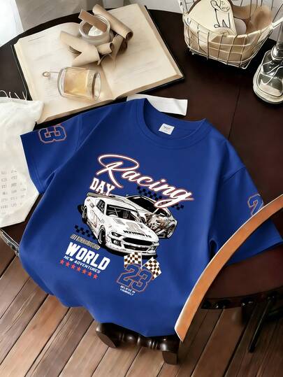 Camiseta de niño con estampado de carreras - Camiseta deportiva holgada y casual de manga corta, camiseta de cuello redondo - Regalo perfecto para el verano, adecuado para la escuela y salidas en primavera/verano