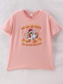 This Tween Girls Casual Outfit Features A Unique Blazing Chicken Print Design And Includes A Pink Short-Sleeved Crew Neck T-Shirt And A Pair Of Pink Flared Pants - Pink - View 10