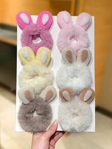 6/4/2个装女士毛绒兔耳发圈，甜美可爱风格，复活节发饰，高弹力发圈，适合休闲、派对、节日、复活节装扮、礼物 - 彩色 - 查看 3