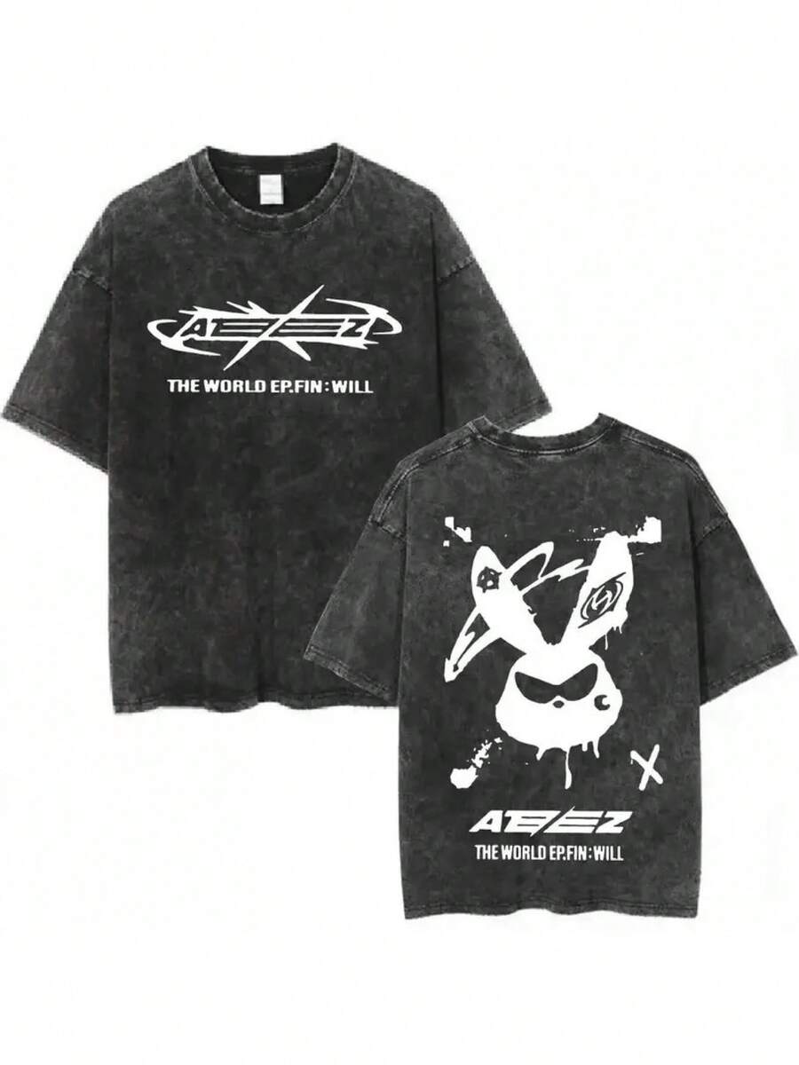 Camiseta retro lavada Ateez World Light unisex con patrón en blanco y negro, camiseta de festival de música Kpop coreana, camiseta de uso casual, camiseta de concierto, cuello redondo, ajuste holgado para todas las estaciones - Negro - Ver 1