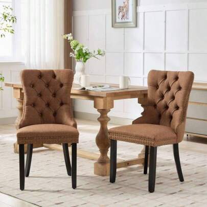 Nikki Collection Modern, High-End Tufted Solid Wood Contemporary Flax Upholstered Linen Dining Chair With Wood Legs Nailhead Trim 2-Pcs Set, Coffee Color, DE6801CF