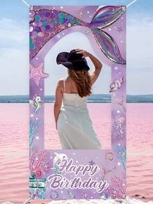 1个生日快乐相框，紫色美人鱼主题生日拍照道具，生日派对拍照区，家居房间墙面装饰，派对用品，派对装饰品，生日礼物，派对小礼品，女士生日装饰，生日背景，生日横幅 - 美人魚 - 查看 3