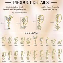 NICEIGHT 20Pcs 20G 316L Stainless Steel Dangle Nose Ring For Women Men L Shaped Dangling Nose Stud Cute Heart Moon Star Nose Hoop Set CZ Flower Leaf Butterfly Dangle Nose Piercing Jewelry - 金色 - 查看 4