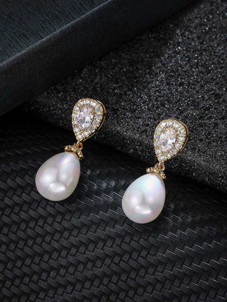 1 Pair Elegant Copper Zirconia Pearl Teardrop Earrings, High-End Jewelry Earrings For Women - Yellow Gold - View 1
