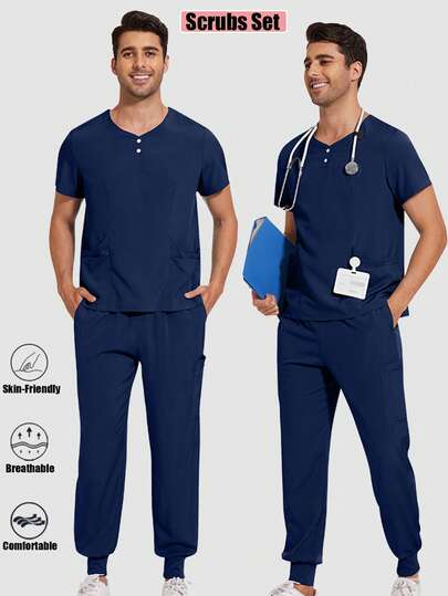 Conjunto de ropa de trabajo médica para hombres, adecuada para clínicas dentales, incluye parte superior y pantalones, diseño de múltiples bolsillos